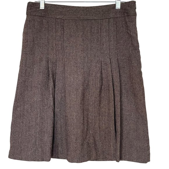 Banana Republic Brown Wool Blend Herringbone Knee Length Pleated Skirt Size 10 - Picture 1 of 5